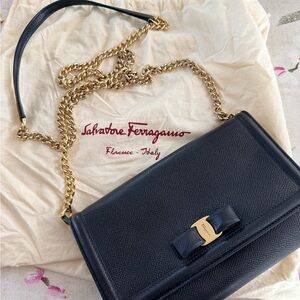 Salvatore Ferragamo Black Leather Crossbody Bag with Gold Chain